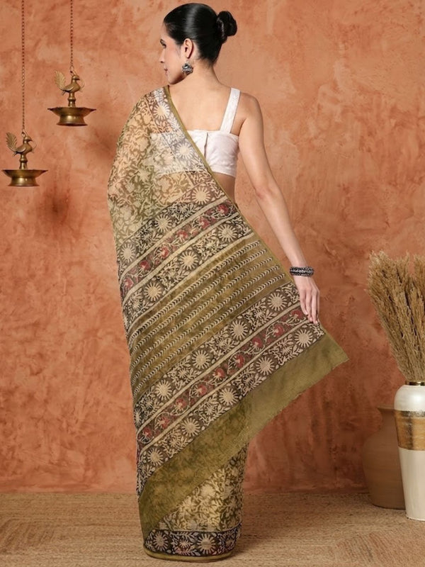 Indiehaat | Kota Doria Hand Block Print Multicolor Saree