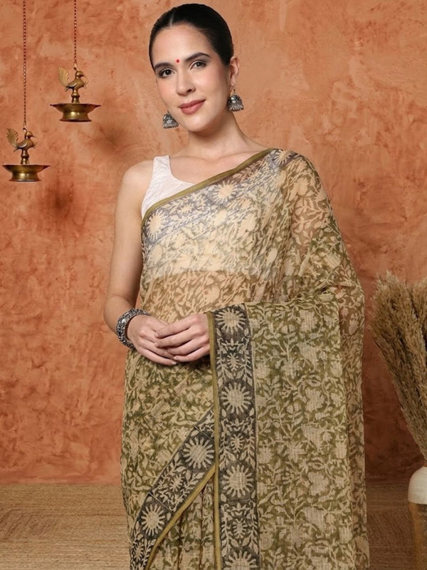 Indiehaat | Kota Doria Hand Block Print Multicolor Saree