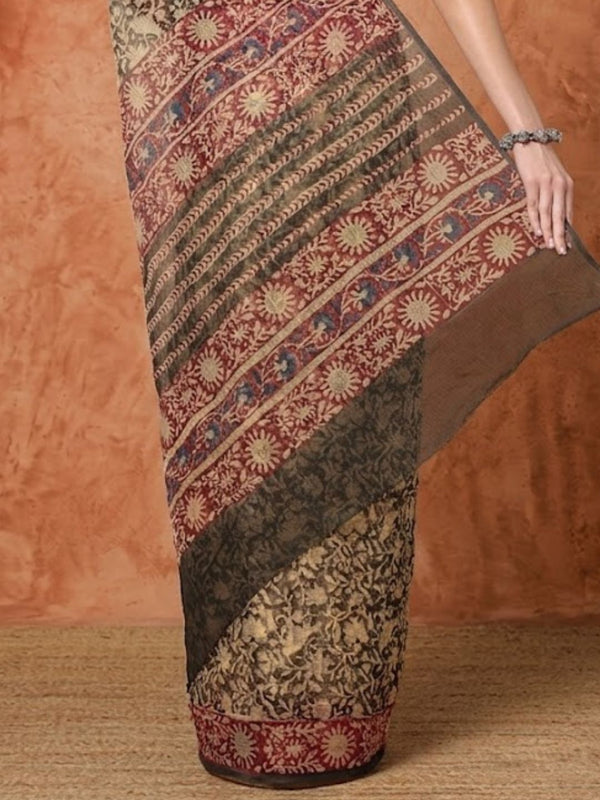 Indiehaat | Kota Doria Hand Block Print Multicolor Saree