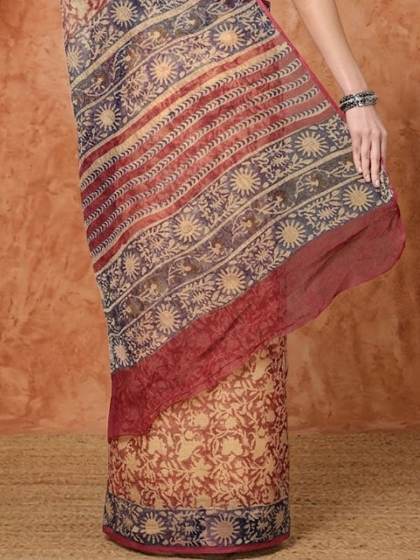 Indiehaat | Kota Doria Hand Block Print Multicolor Saree