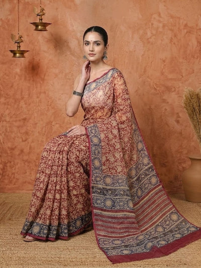 Indiehaat | Kota Doria Hand Block Print Multicolor Saree