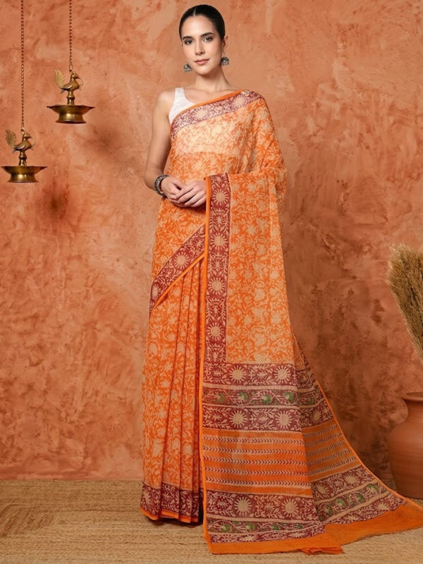 Indiehaat | Kota Doria Hand Block Print Multicolor Saree
