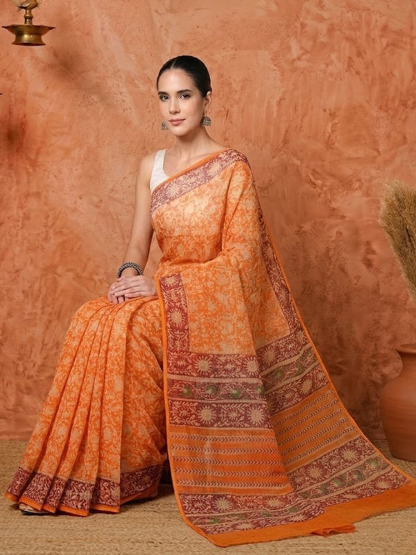 Indiehaat | Kota Doria Hand Block Print Multicolor Saree