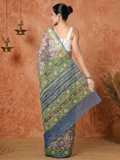 Indiehaat | Kota Doria Hand Block Print Multicolor Saree