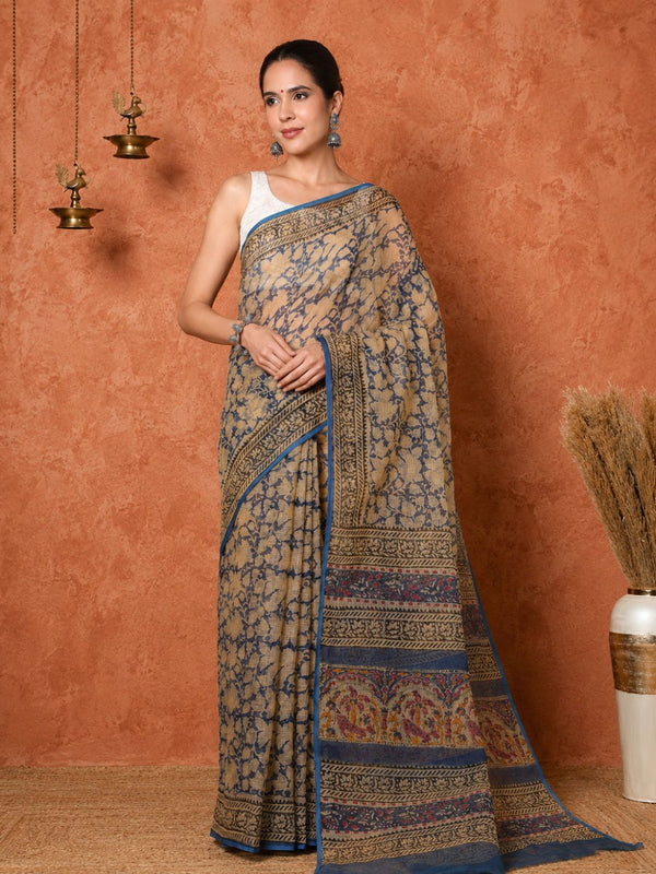 Indiehaat | Kota Doria Hand Block Print Multicolor Saree
