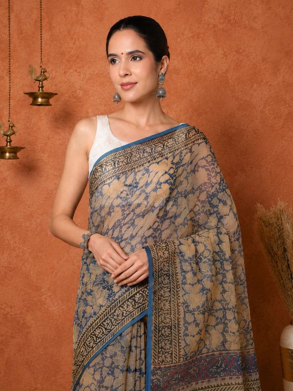 Indiehaat | Kota Doria Hand Block Print Multicolor Saree