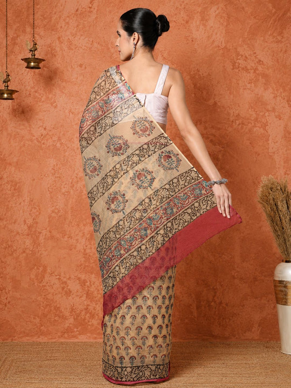 Indiehaat | Kota Doria Hand Block Print Multicolor Saree