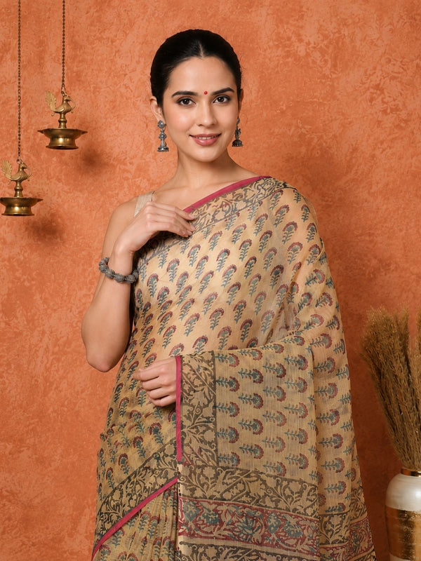Indiehaat | Kota Doria Hand Block Print Multicolor Saree
