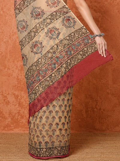 Indiehaat | Kota Doria Hand Block Print Multicolor Saree