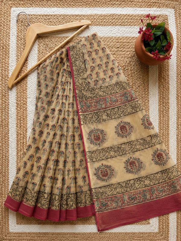 Indiehaat | Kota Doria Hand Block Print Multicolor Saree