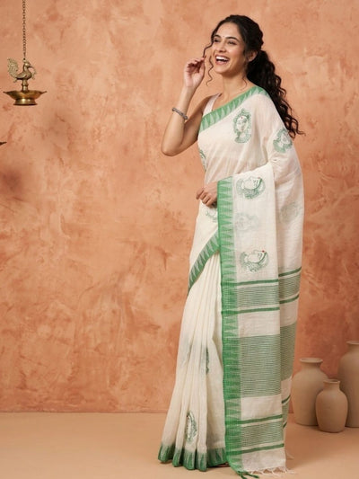 Prakriti Kora Silk Embroidered Saree White & Green