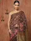 Indiehaat | Kota Silk Ghicha Stripe Embroidery Saree Brown