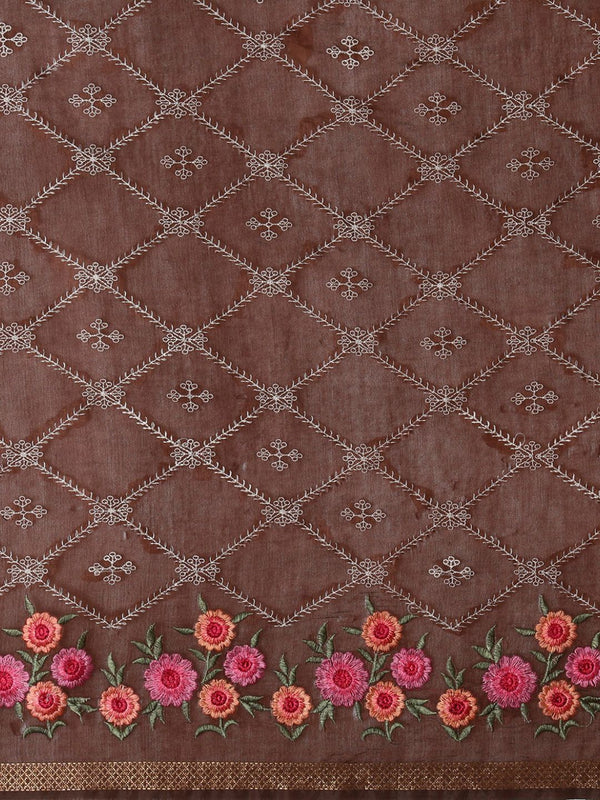 Indiehaat | Kota Silk Ghicha Stripe Embroidery Saree Brown