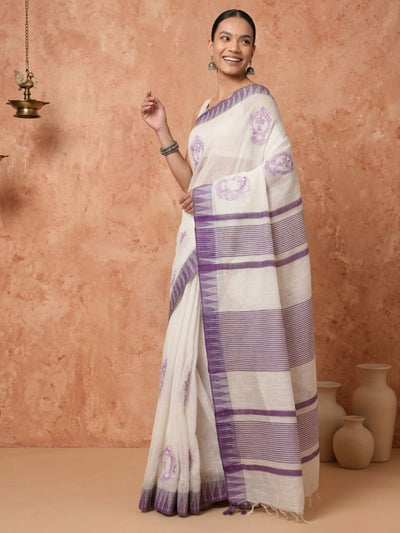 Prakriti Kora Silk Embroidered Saree White & Blue