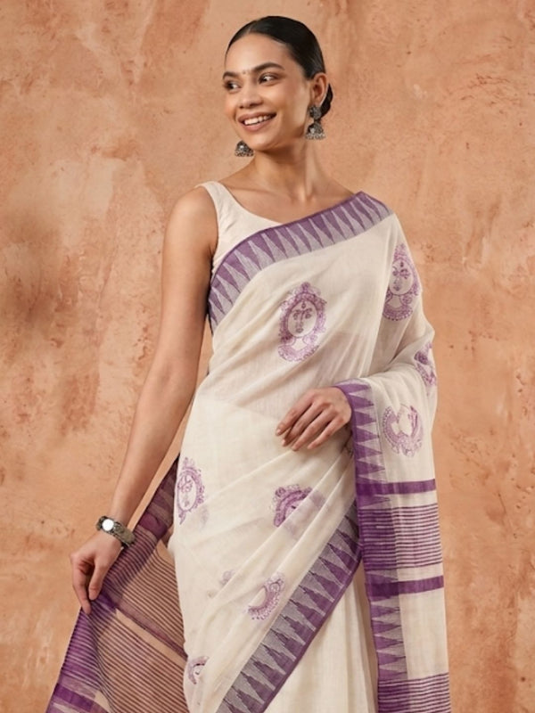 Indiehaat | Kora Silk Handloom Embroidered Saree White