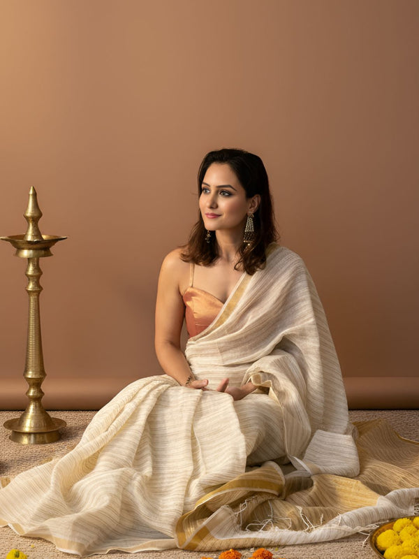 Indiehaat | Pure Linen Zari Weaving White Saree