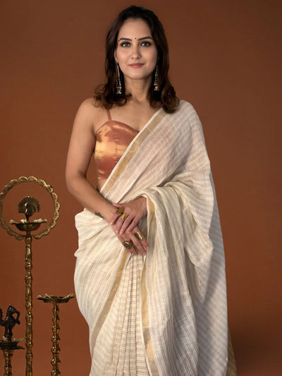 Indiehaat | Pure Linen Zari Weaving White Saree