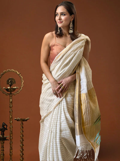 Indiehaat | Pure Linen Zari Weaving White Saree