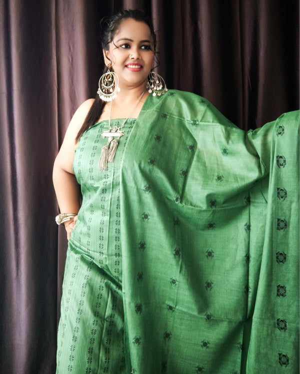 Katan Silk Handblock Printed Unstitched Suit Piece Green Color with Bottom and Dupatta Handcrafted-Indiehaat