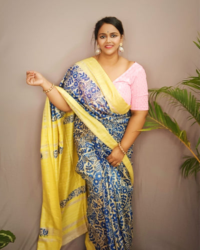 Silkmark Tussar Lively Blockprint Blue & Yellow Saree