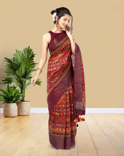 Silkmark Muga Tussar Silk Printed Red Saree