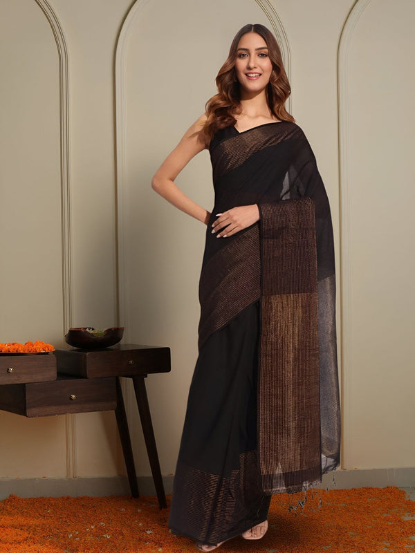 Indiehaat | Pure Linen Zari Weaving Saree Black