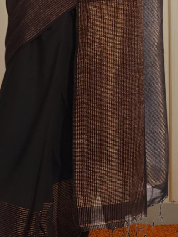 Indiehaat | Pure Linen Zari Weaving Saree Black
