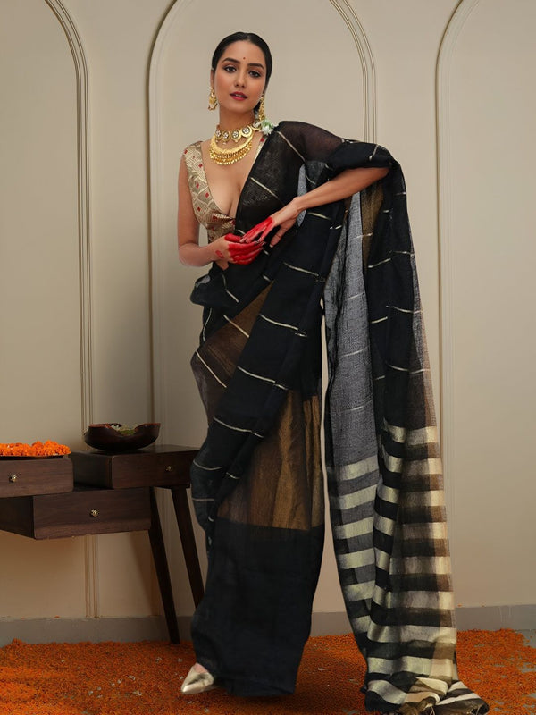 Indiehaat | Pure Linen Zari Weaving Saree Black