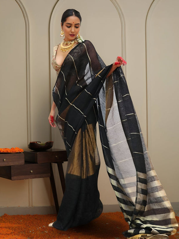 Indiehaat | Pure Linen Zari Weaving Saree Black