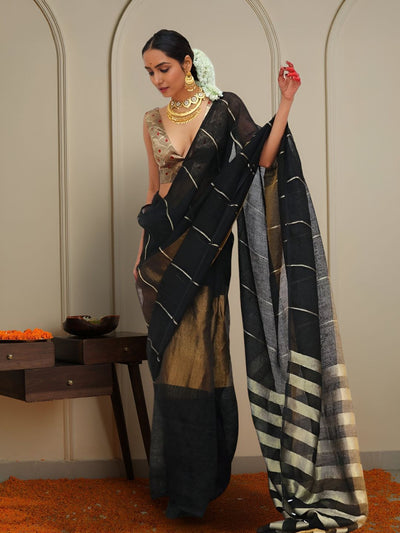 Indiehaat | Pure Linen Zari Weaving Saree Black