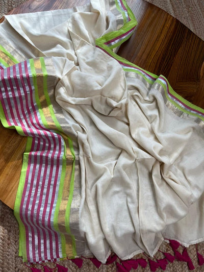 Indiehaat | Pure Mul Cotton Handloom Saree White