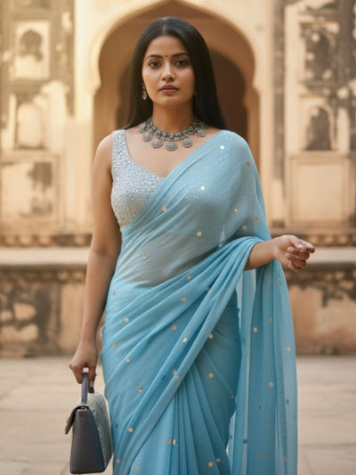 Indiehaat | Pure Mul Cotton Sequin Saree Blue