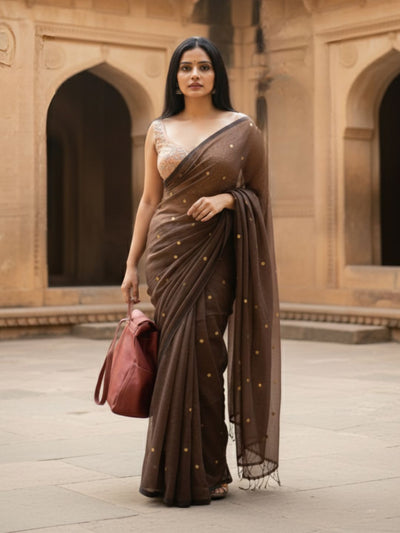 Gini Baani Pure Mul Cotton Sequin Brown Saree