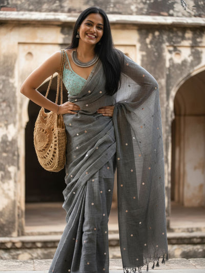 Gini Baani Pure Mul Cotton Sequin Gray Saree