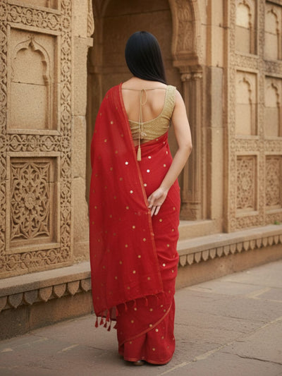 Indiehaat | Pure Mul Cotton Sequin Saree Red