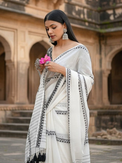 Indiehaat | Pure Khadi Cotton Weaving Design Saree White