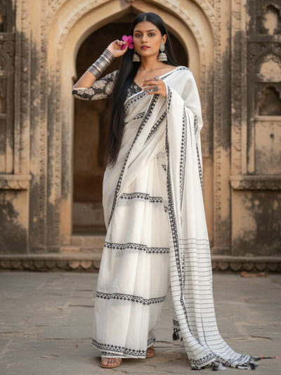 Indiehaat | Pure Khadi Cotton Weaving Design Saree White