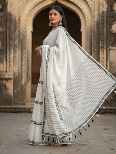 Indiehaat | Pure Khadi Cotton Weaving Design Saree White