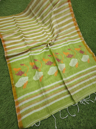 Neerja Pure Linen Hand Weaving Saree Green