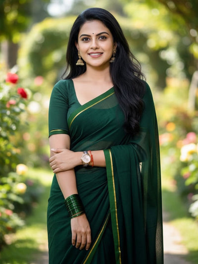 Indiehaat | Pure Mul Cotton Handloom Saree Green