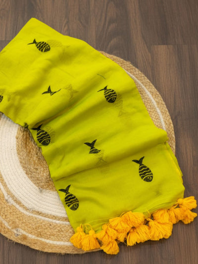 Indiehaat | Pure Mul Cotton Handloom Buti Saree Yellow