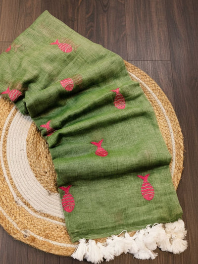 Indiehaat | Pure Mul Cotton Handloom Buti Saree Green