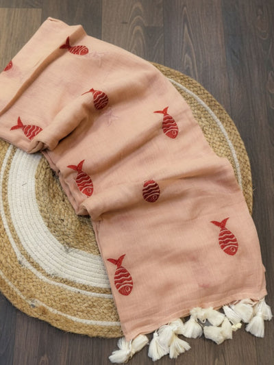 Indiehaat | Pure Mul Cotton Handloom Buti Saree Peach