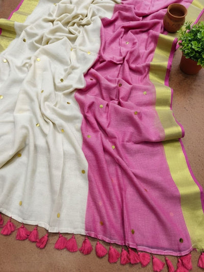 Indiehaat | Pure Mul Cotton Half Gini Saree Pink & White