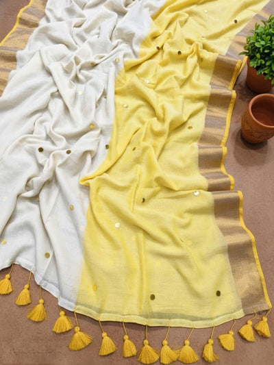 Indiehaat | Pure Mul Cotton Half Gini Saree Yellow & White