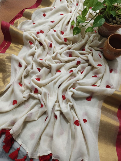 Indiehaat | Pure Mul Cotton Embroidery Saree Red & White