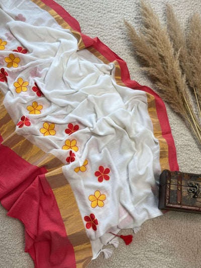 Indiehaat | Pure Mul Cotton Embroidery Saree Red & White