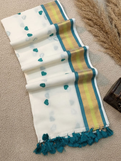 Indiehaat | Pure Mul Cotton Embroidery Saree Green & White