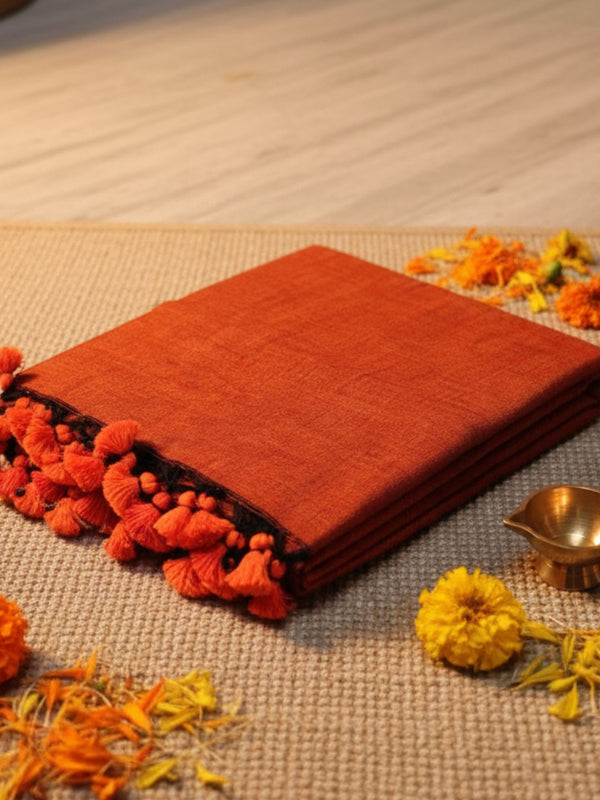 Indiehaat | Pure Cotton Handloom Weave Saree Orange