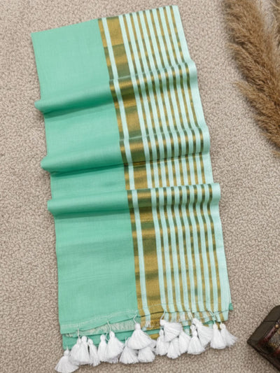 Indiehaat | Pure Mul Cotton Zari Checks Saree Green